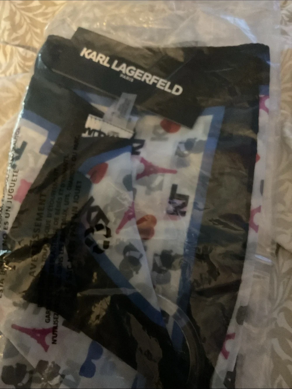 NWT Karl Lagerfeld White Scarf with Pink, Red & Blue Motifs